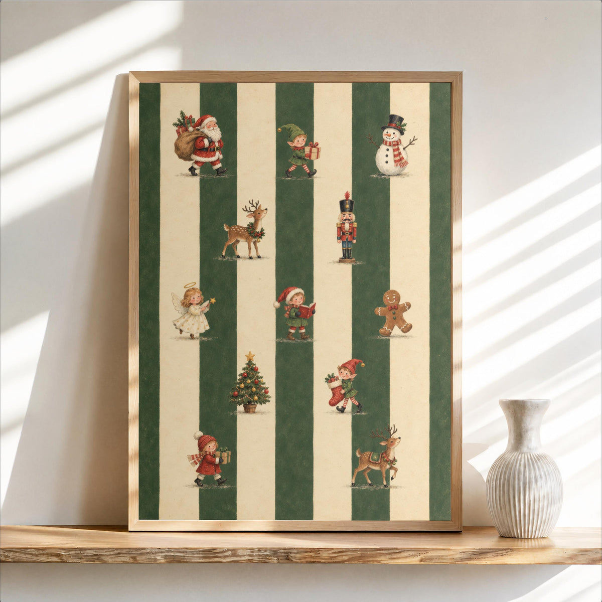 Christmas Green Stripe Print, Vintage Holiday Wall Art, Santa Elf Reindeer Decor, Nutcracker Poster, Festive Nursery Gift, Xmas Parade