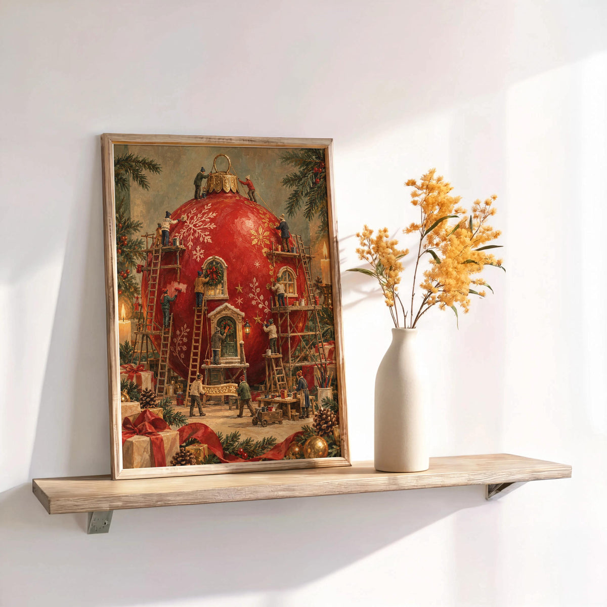 Tiny Workers Red Christmas Bauble Print, Miniature People Decorating Giant Ornament, Vintage Holiday Storybook Wall Decor