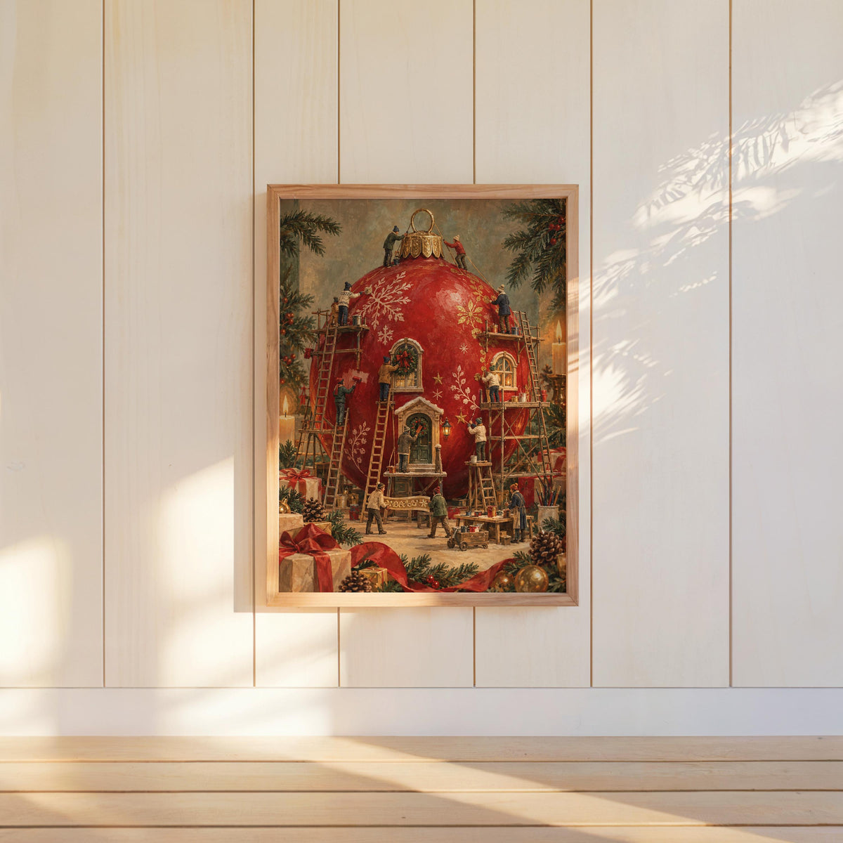 Tiny Workers Red Christmas Bauble Print, Miniature People Decorating Giant Ornament, Vintage Holiday Storybook Wall Decor