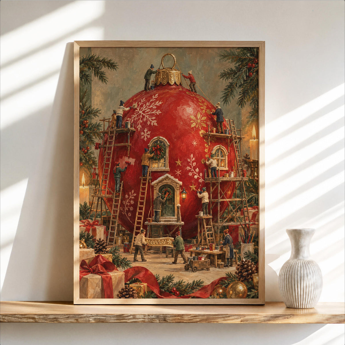 Tiny Workers Red Christmas Bauble Print, Miniature People Decorating Giant Ornament, Vintage Holiday Storybook Wall Decor
