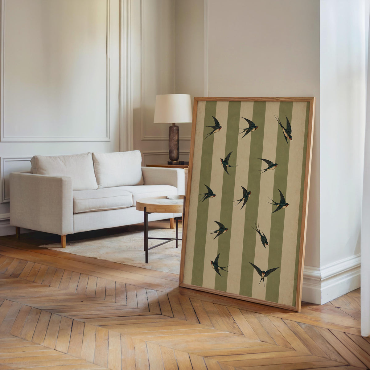 Vintage Swallow Bird Print, Retro Stripez Poster, Green Striped Wall Art, Ornithology Decor, Cottagecore Nature Gift
