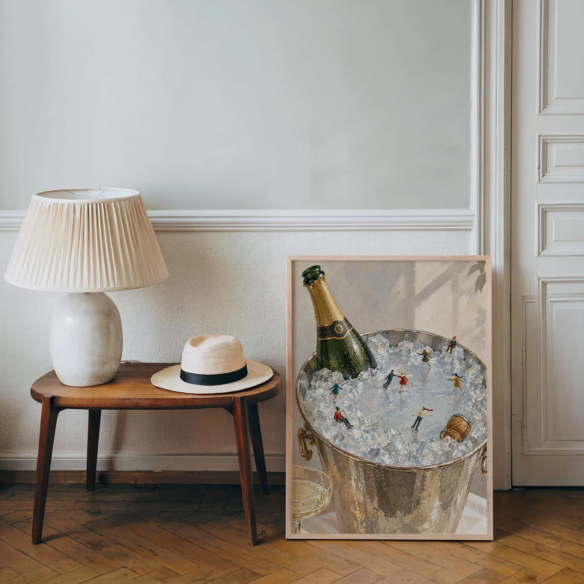 Champagne Ice Skating Wall Art, Tiny People Painting, Winter Bar Cart Decor, Whimsical Holiday Poster Gift, Surreal Bar Print