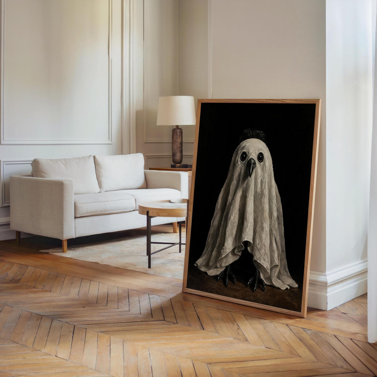 Ghost Crow Wall Art, Spooky Bird Painting, Gothic Halloween Decor, Moody Dark Academia Print, Autumn Witchy Season Gift