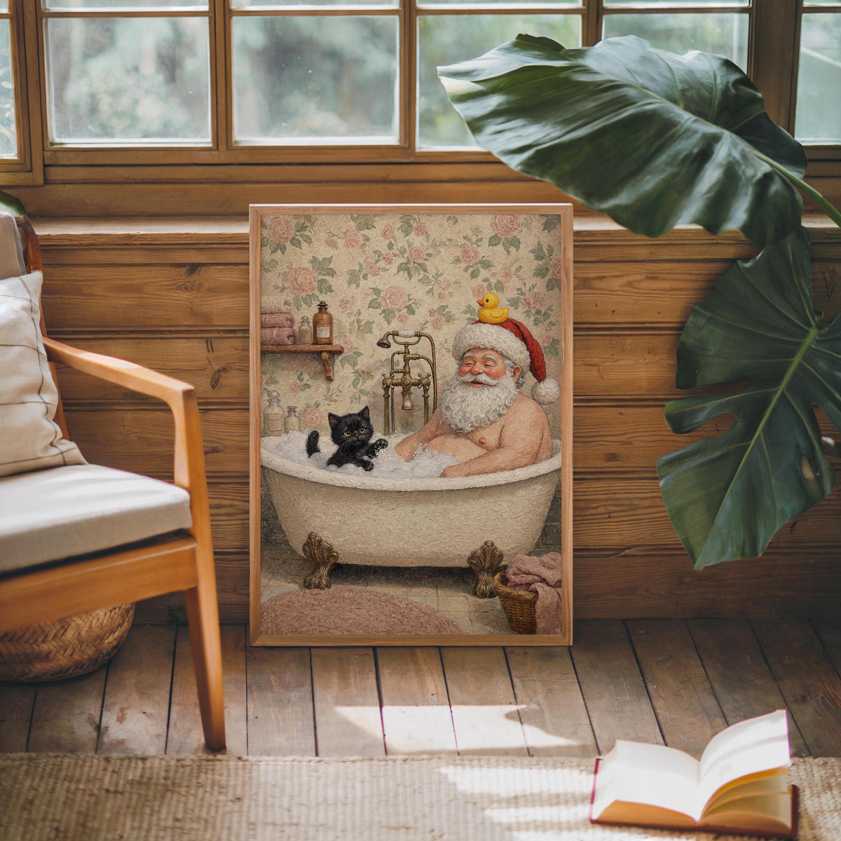 Funny Santa Wall Art, Mr. Claus & Cat Funny Bathroom Painting, Whimsical Christmas Decor, Cottagecore Holiday Print, Quirky Toilet Poster