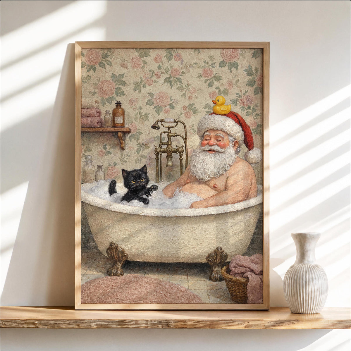 Funny Santa Wall Art, Mr. Claus & Cat Funny Bathroom Painting, Whimsical Christmas Decor, Cottagecore Holiday Print, Quirky Toilet Poster