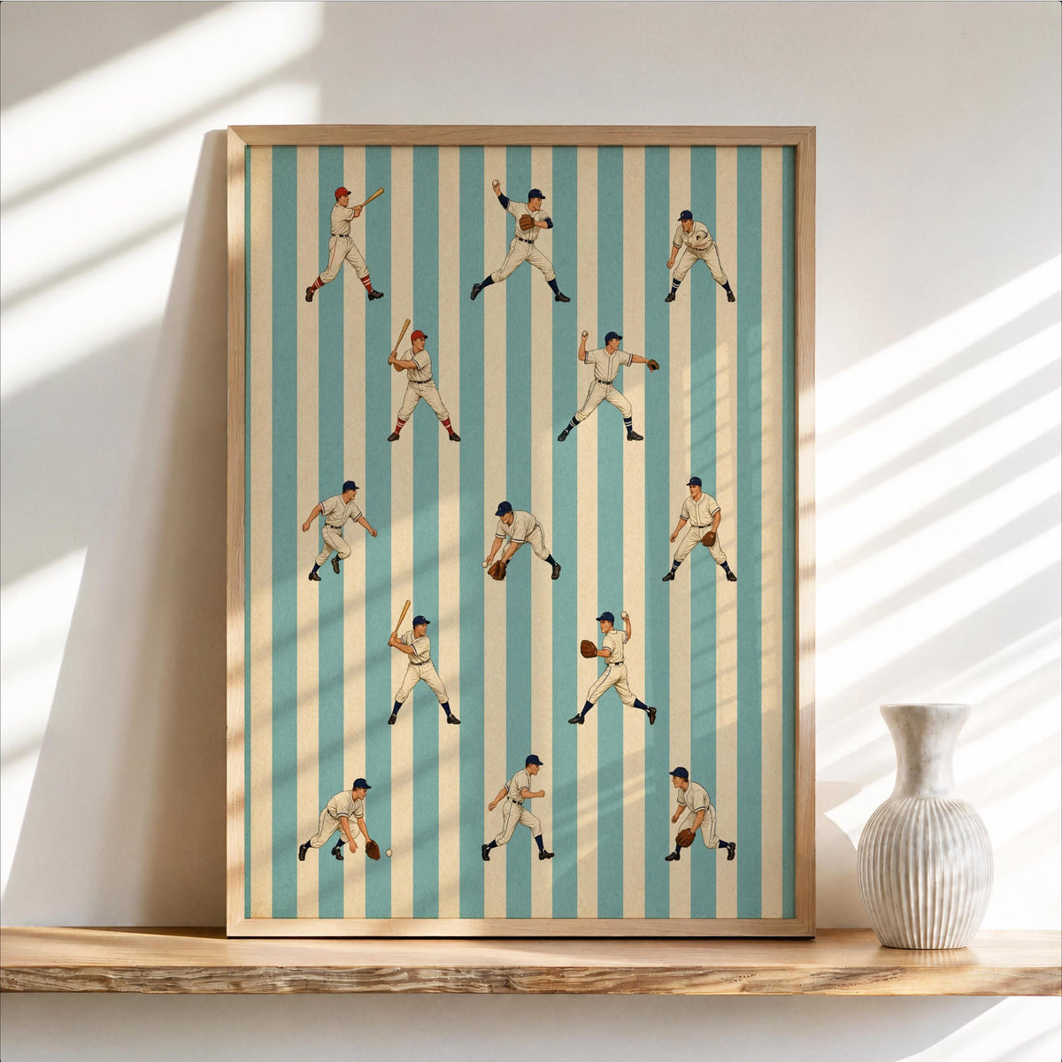 Vintage Baseball Wall Art, Retro Striped Sports Pattern Print, Classic Athlete Decor, Boys Kids Room or Nursery Decor