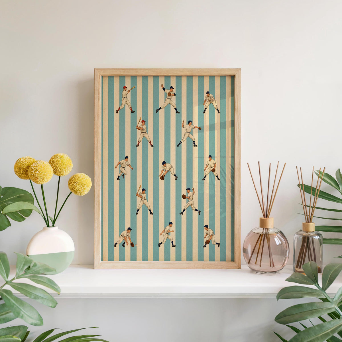 Vintage Baseball Wall Art, Retro Striped Sports Pattern Print, Classic Athlete Decor, Boys Kids Room or Nursery Decor