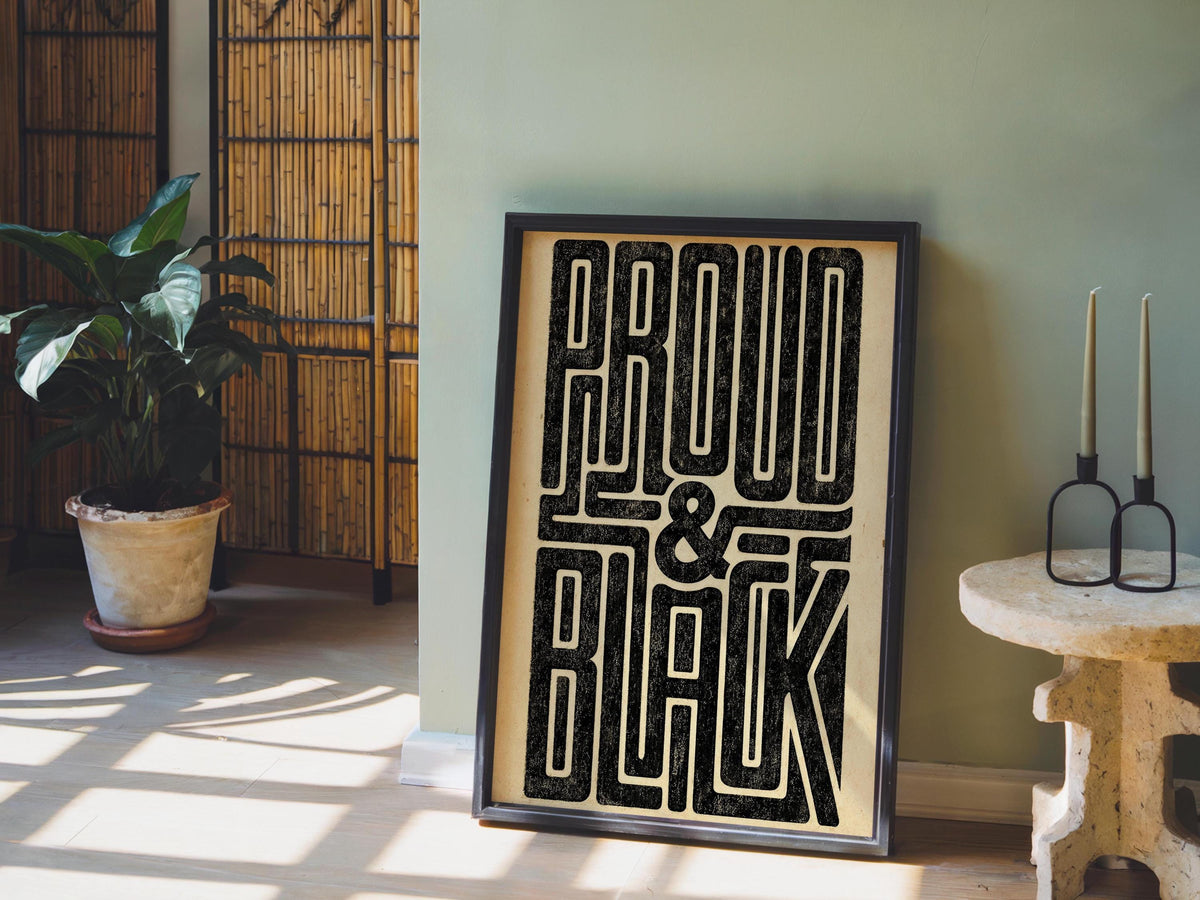 Leaning poster beside a potted plant, sunlit floor tiles, vintage Black art print with 1970s newspaper feel