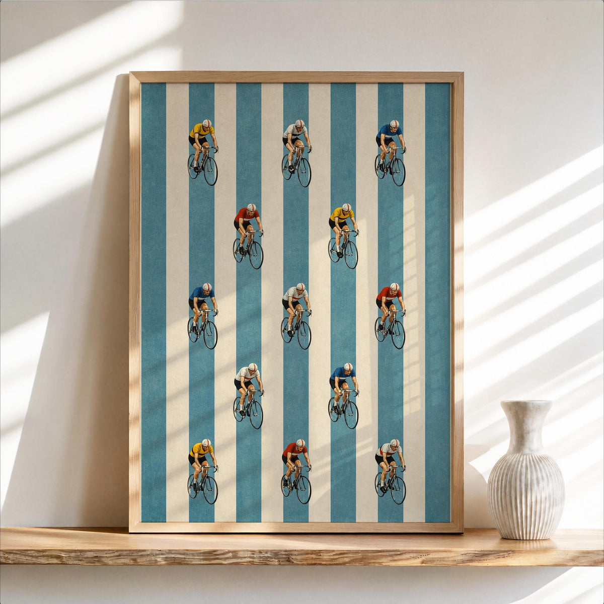 Cycling Wall Art, Retro Striped Peloton Print, Bike Lover Poster, Sports Athlete Illustration, Cyclist Gift Decor, Boys Nursery Decor