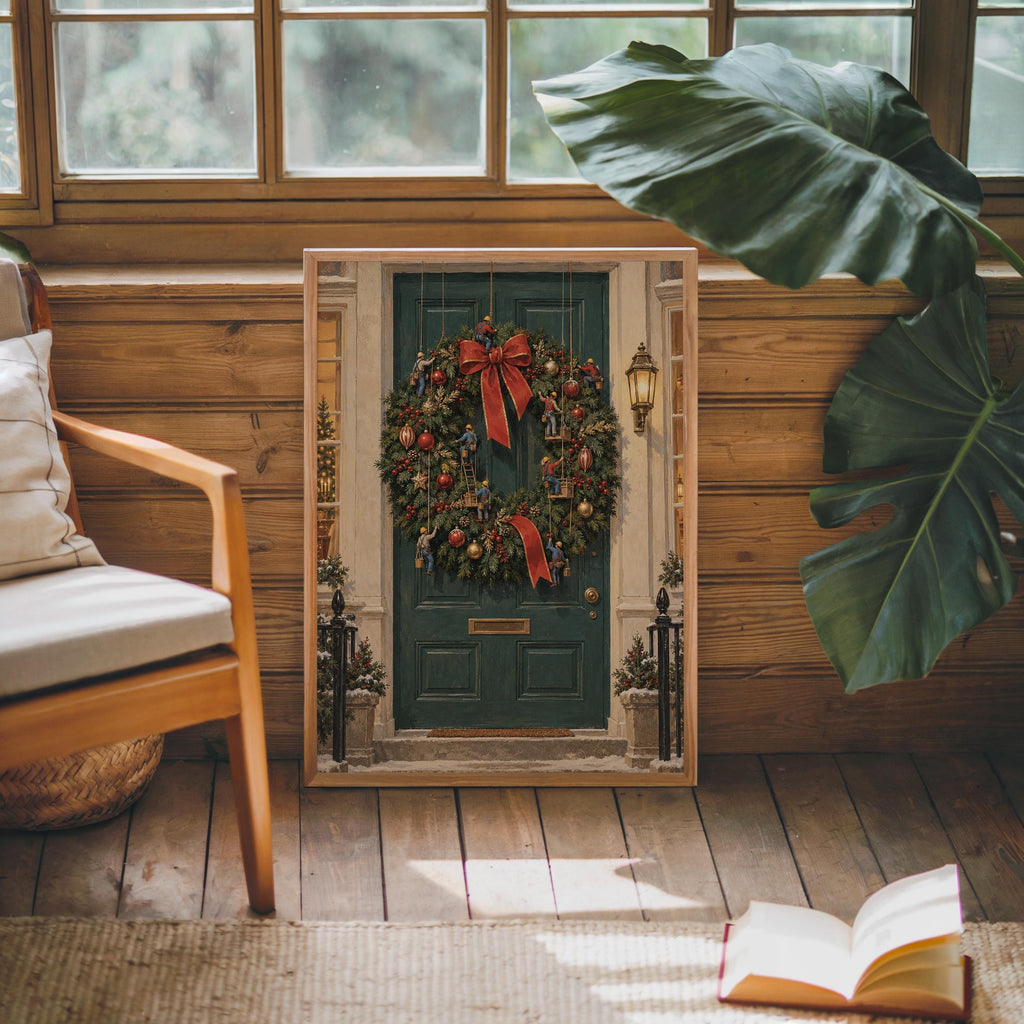 Tiny Workers Decorating Festive Wreath, Christmas Wreath Door Print, Whimsical Holiday Wall Art, Xmas Entryway Decor Gift