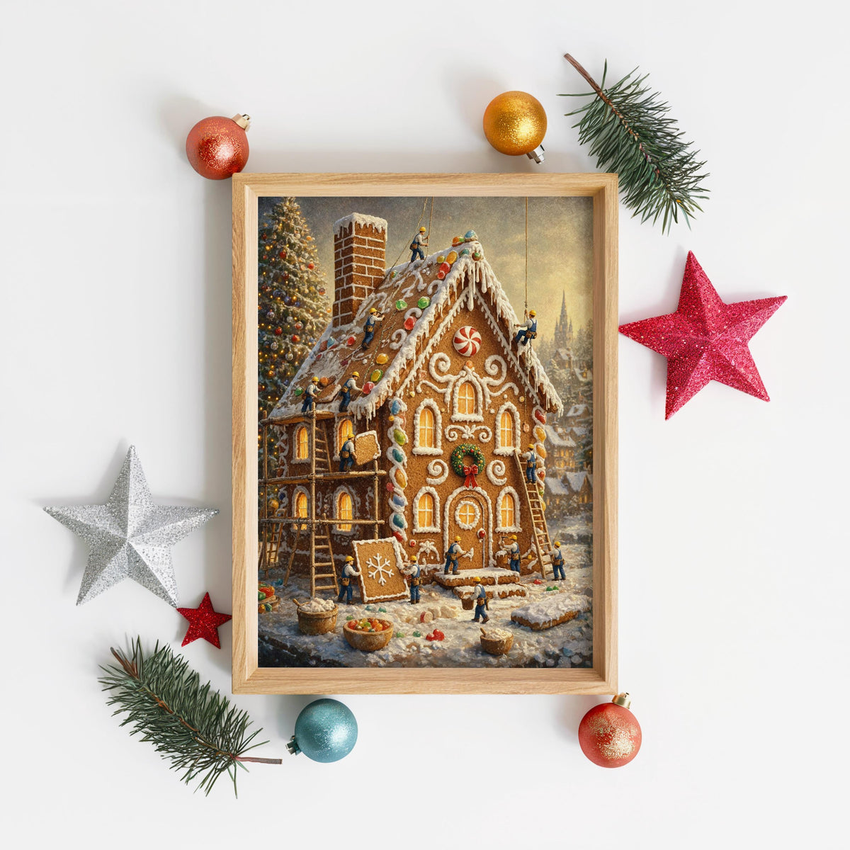 Gingerbread House Christmas Print, Tiny Builders Decorating Cookie House, Vintage Holiday Wall Decor, Miniatuer People Xmas Home Gift