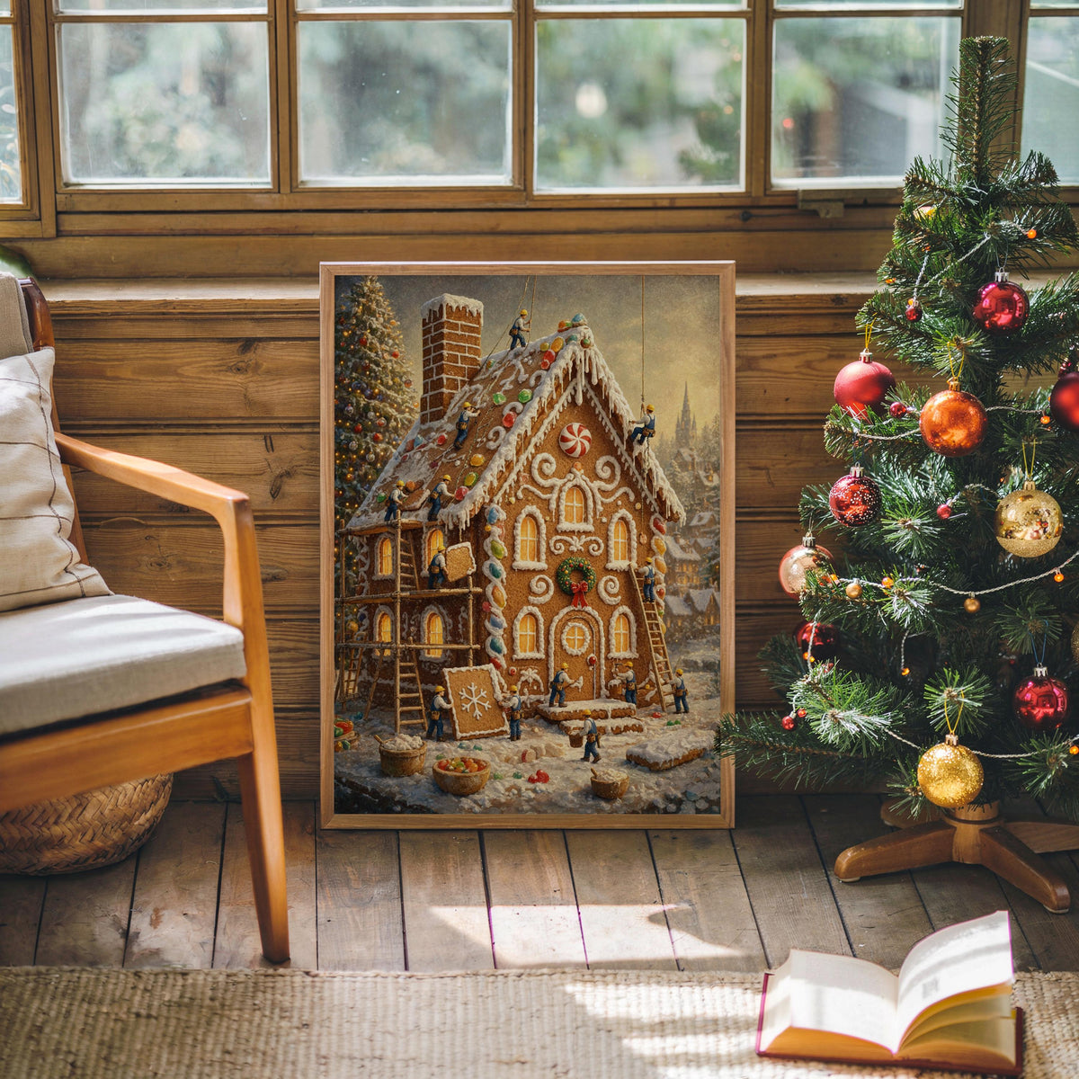 Gingerbread House Christmas Print, Tiny Builders Decorating Cookie House, Vintage Holiday Wall Decor, Miniatuer People Xmas Home Gift