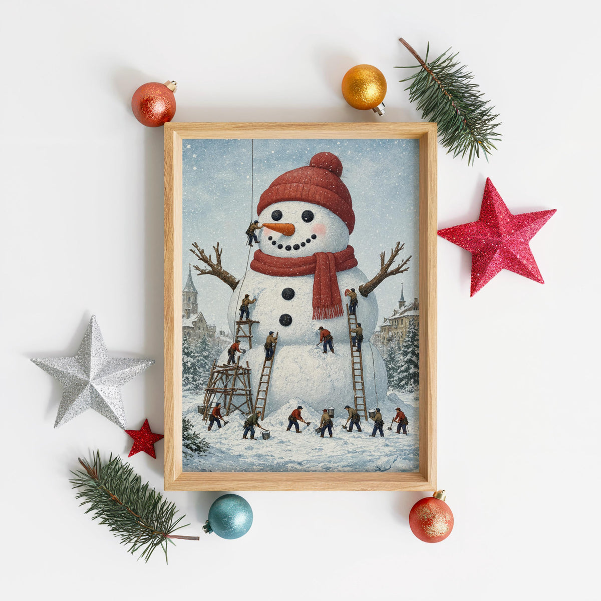 Miniature People Building Giant Snowman Christmas Wall Art, Storybook Xmas Decor, Tiny Workers Holiday Wall Art, Baker Foodie Kitchen Gift