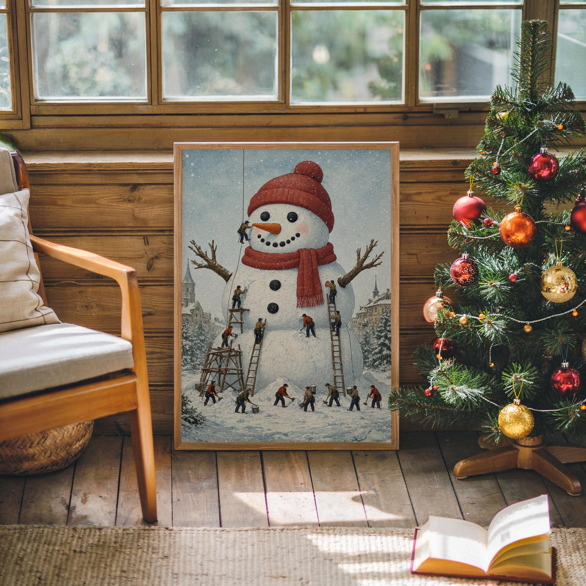 Miniature People Building Giant Snowman Christmas Wall Art, Storybook Xmas Decor, Tiny Workers Holiday Wall Art, Baker Foodie Kitchen Gift