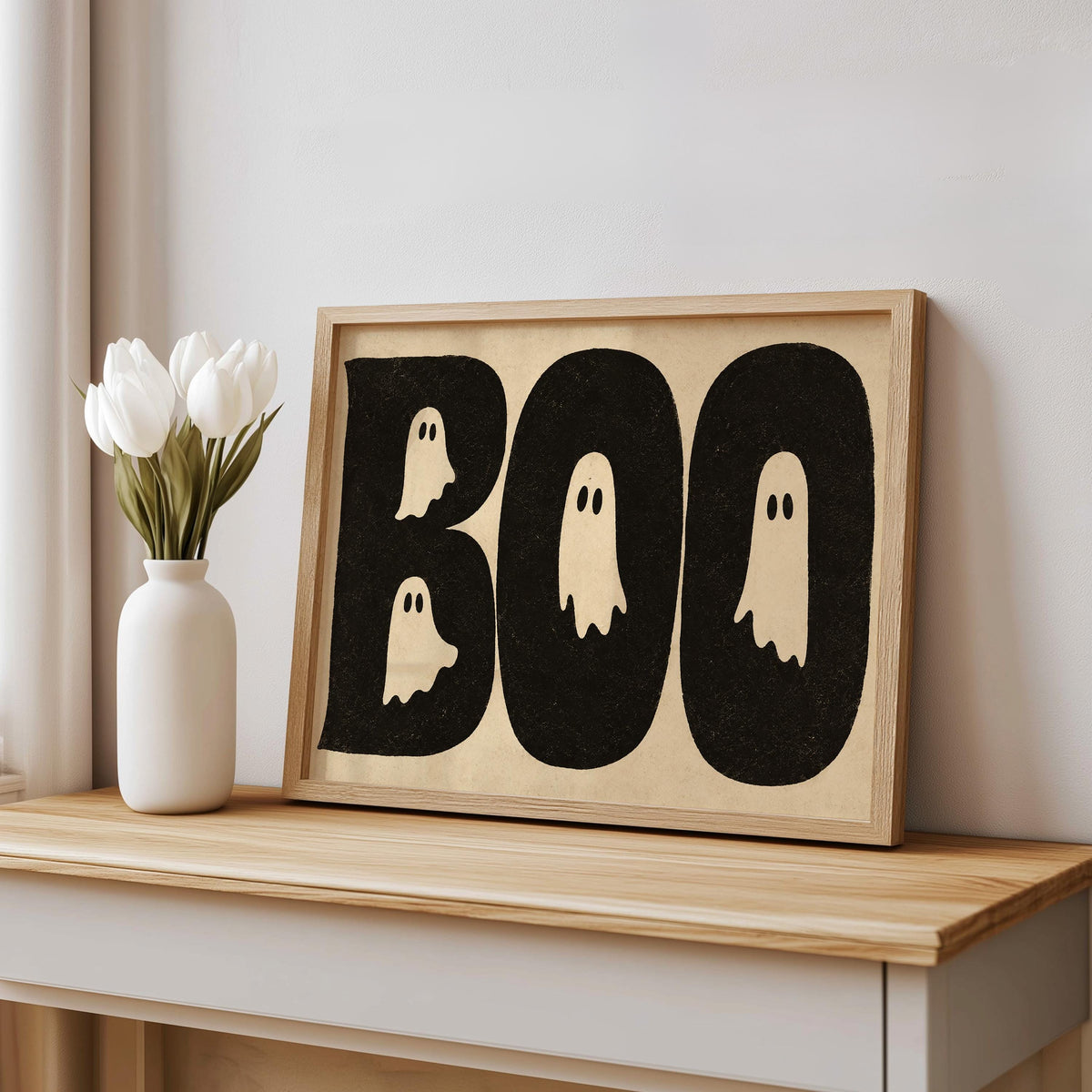 BOO Ghost Typography Print, Retro Halloween Wall Art, Vintage Creepy Cute Poster, Spooky Typography Decor, Witchy Occult Gift
