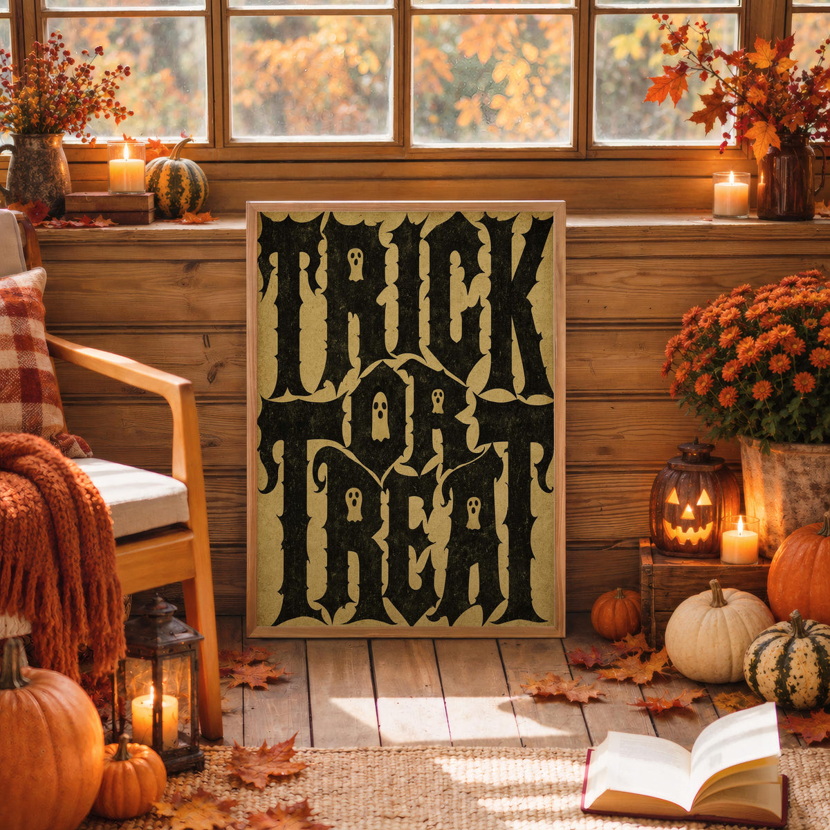 Vintage Trick Or Treat Typography Wall Art, Haunted Halloween Print, Ghost Pattern Poster, Witchy Occult Spooky Season Gift, Scary Kids
