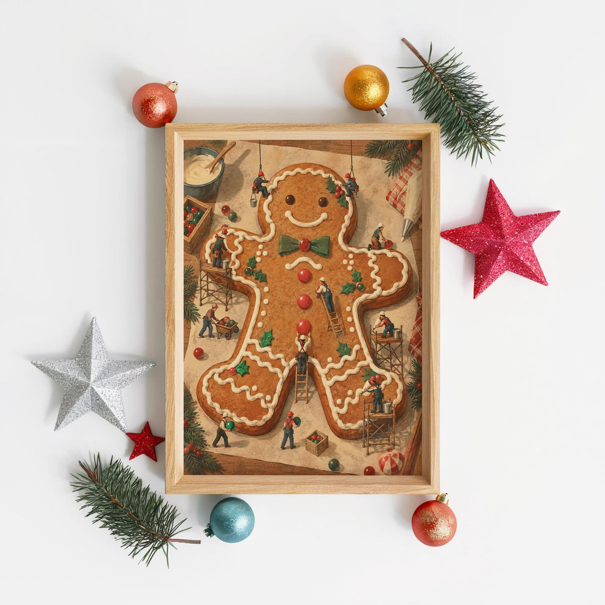 Tiny People Decorating Gingerbread Man Wall Art, Baker Foodie Gift, Whimsical Christmas Kitchen Poster, Xmas Holiday Decor