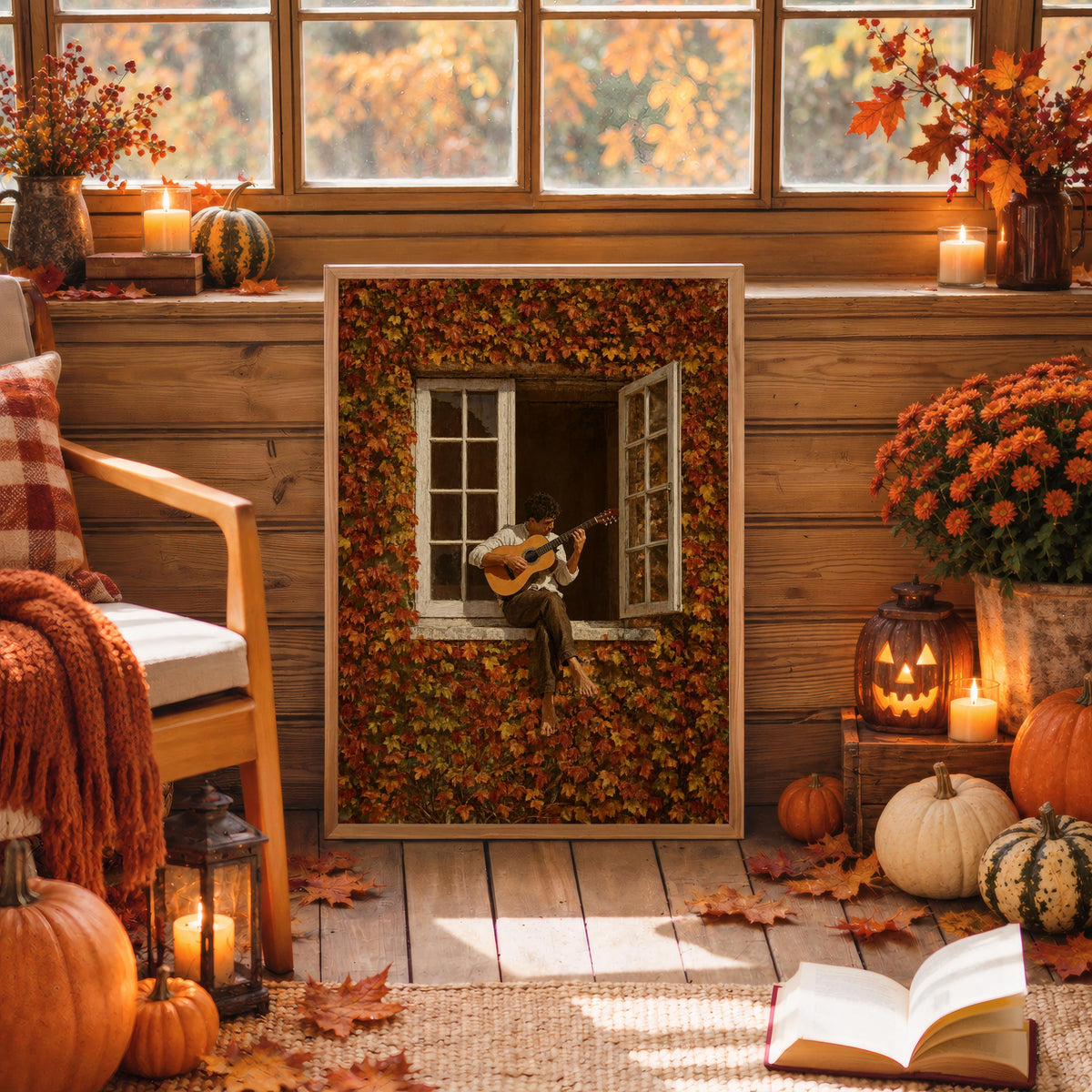 Cozy corner with autumn guitarist wall art propped by a woven chair and rug, warm pumpkins and vintage music print tones.