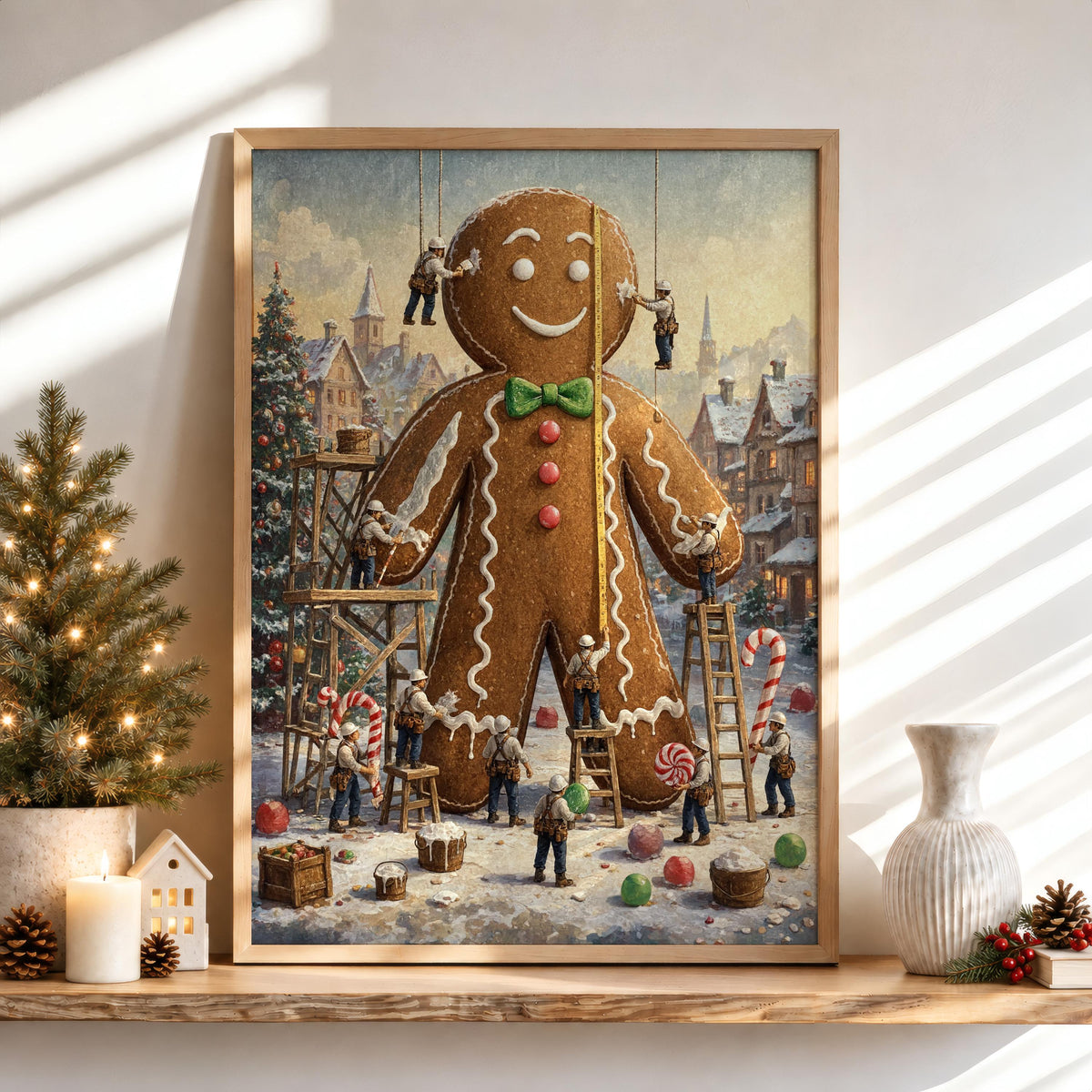 Tiny Workers Decorating Gingerbread Man Wall Art, Christmas Kitchen Decor, Festive Whimsical Foodie Print, Holiday Baking Illustration