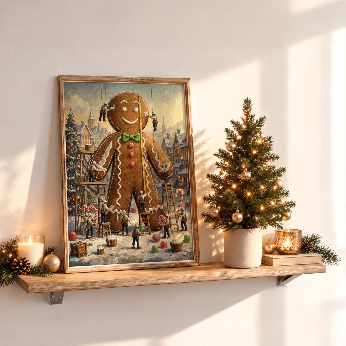 Tiny Workers Decorating Gingerbread Man Wall Art, Christmas Kitchen Decor, Festive Whimsical Foodie Print, Holiday Baking Illustration