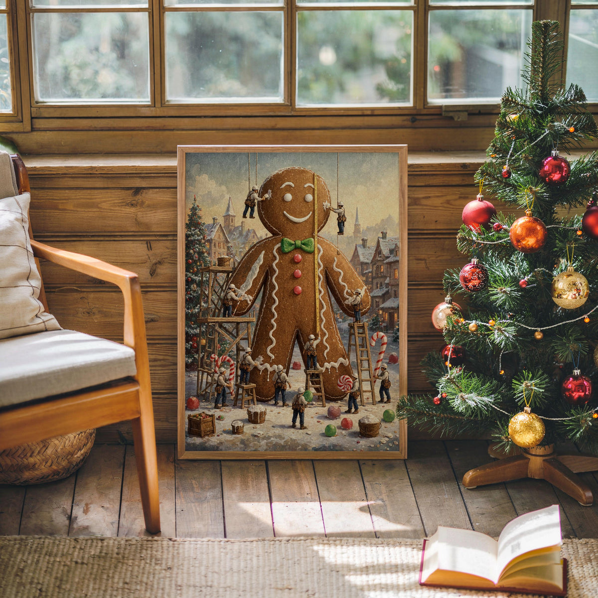 Tiny Workers Decorating Gingerbread Man Wall Art, Christmas Kitchen Decor, Festive Whimsical Foodie Print, Holiday Baking Illustration