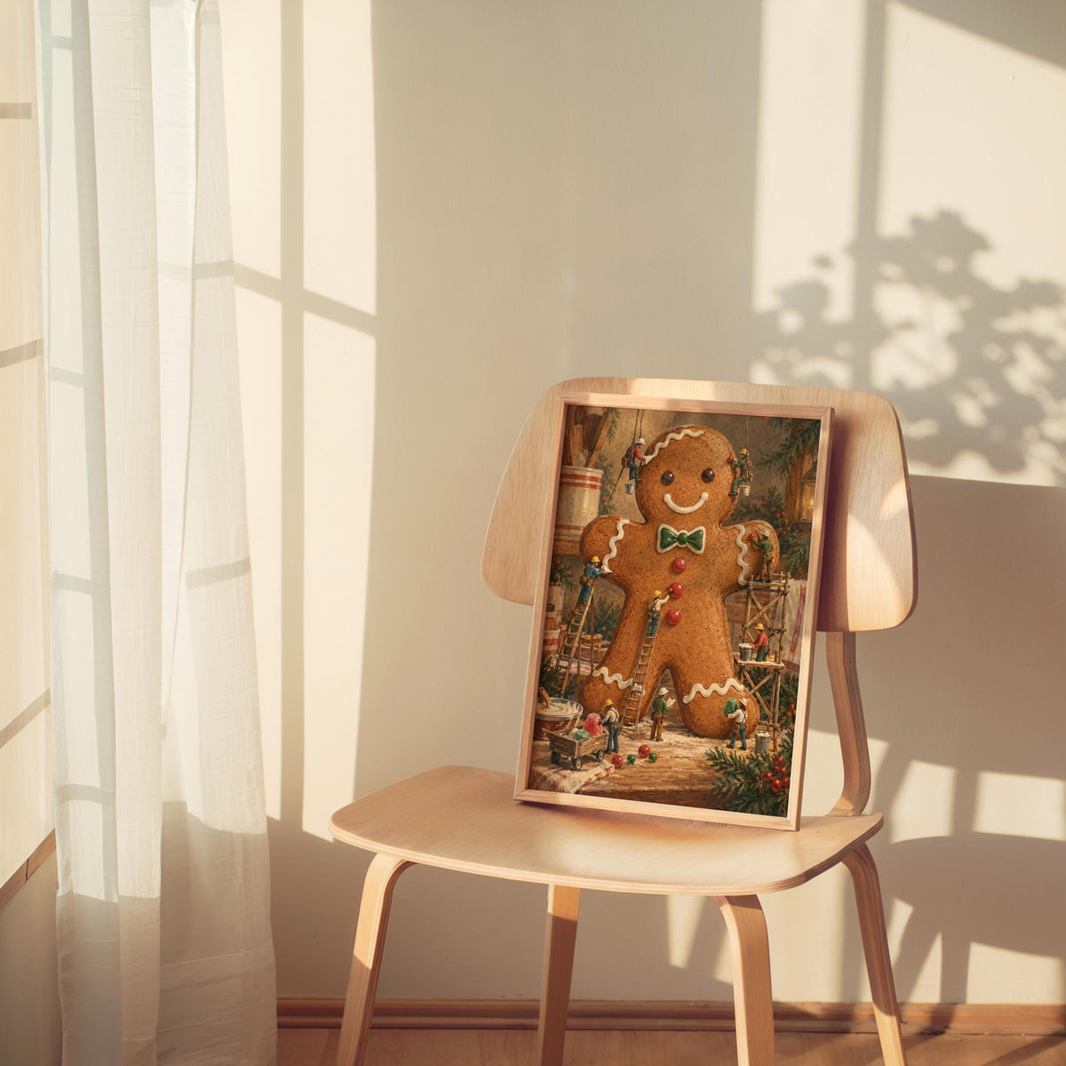 Gingerbread Man Christmas Print, Xmas Kitchen Wall Art, Tiny Miniature People Holiday Baking Poster, Winter Season Gift for Baker