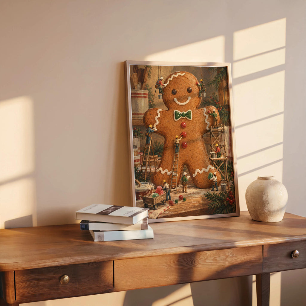 Gingerbread Man Christmas Print, Xmas Kitchen Wall Art, Tiny Miniature People Holiday Baking Poster, Winter Season Gift for Baker