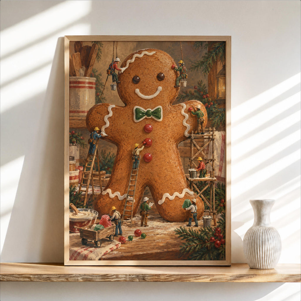 Gingerbread Man Christmas Print, Xmas Kitchen Wall Art, Tiny Miniature People Holiday Baking Poster, Winter Season Gift for Baker