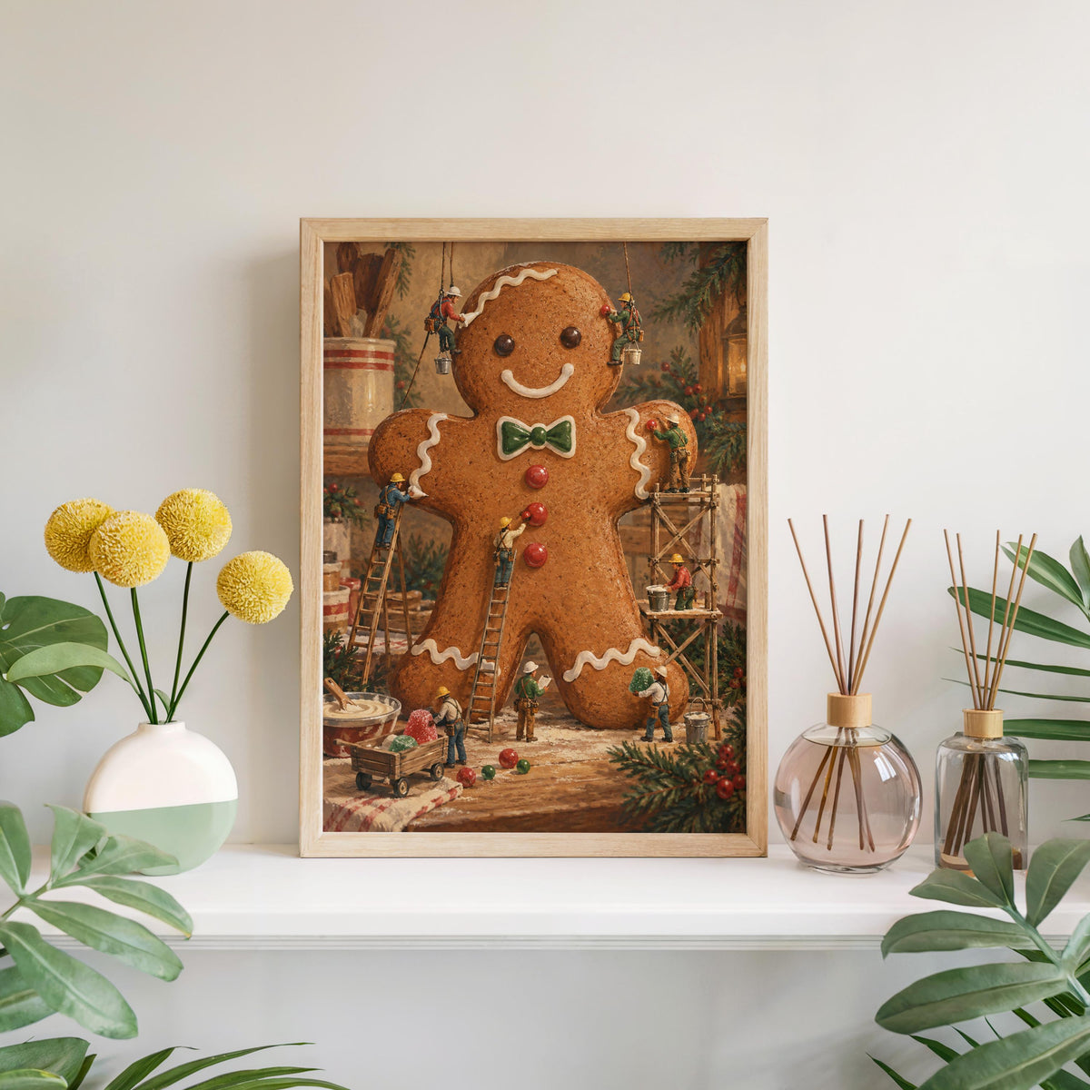 Gingerbread Man Christmas Print, Xmas Kitchen Wall Art, Tiny Miniature People Holiday Baking Poster, Winter Season Gift for Baker