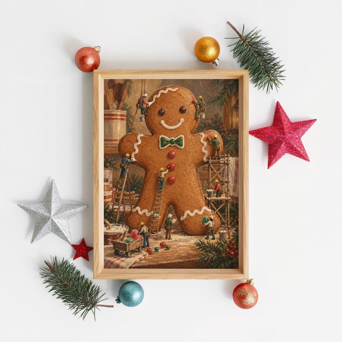 Gingerbread Man Christmas Print, Xmas Kitchen Wall Art, Tiny Miniature People Holiday Baking Poster, Winter Season Gift for Baker