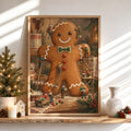 Gingerbread Man Christmas Print, Xmas Kitchen Wall Art, Tiny Miniature People Holiday Baking Poster, Winter Season Gift for Baker