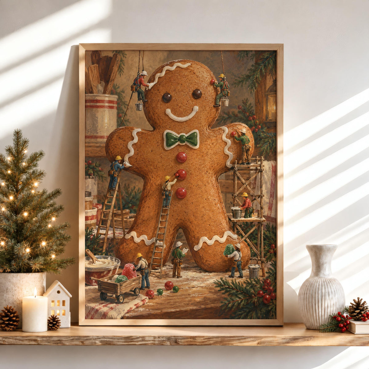 Gingerbread Man Christmas Print, Xmas Kitchen Wall Art, Tiny Miniature People Holiday Baking Poster, Winter Season Gift for Baker