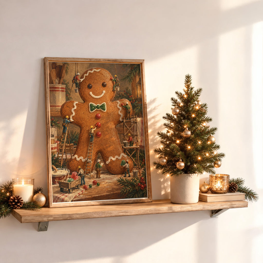 Gingerbread Man Christmas Print, Xmas Kitchen Wall Art, Tiny Miniature People Holiday Baking Poster, Winter Season Gift for Baker