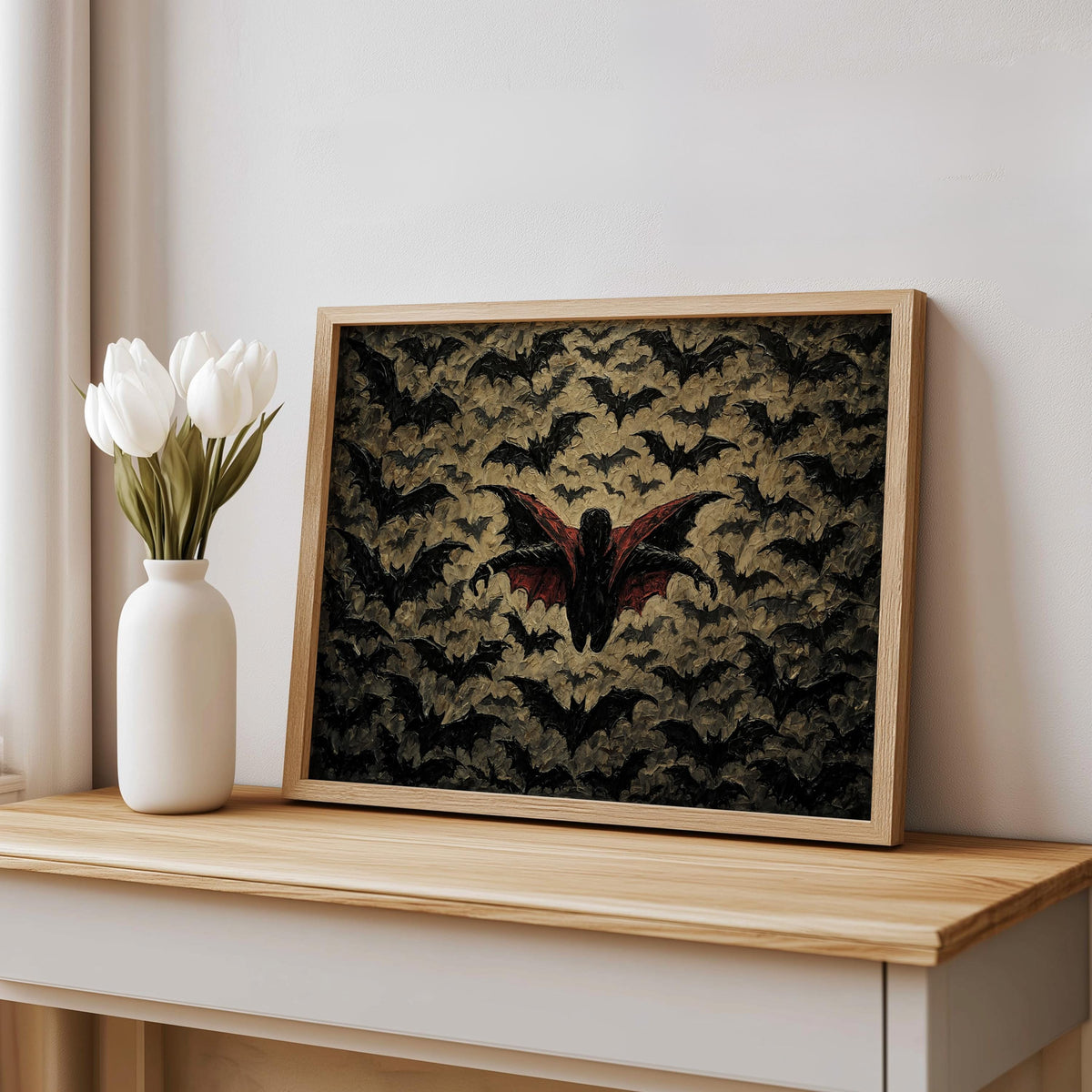 Gothic Vampire Halloween Print, Halloween Bat Poster, Impasto Textured Wall Decor, Dark Fantasy Dracula Art, Spooky Season Decoration