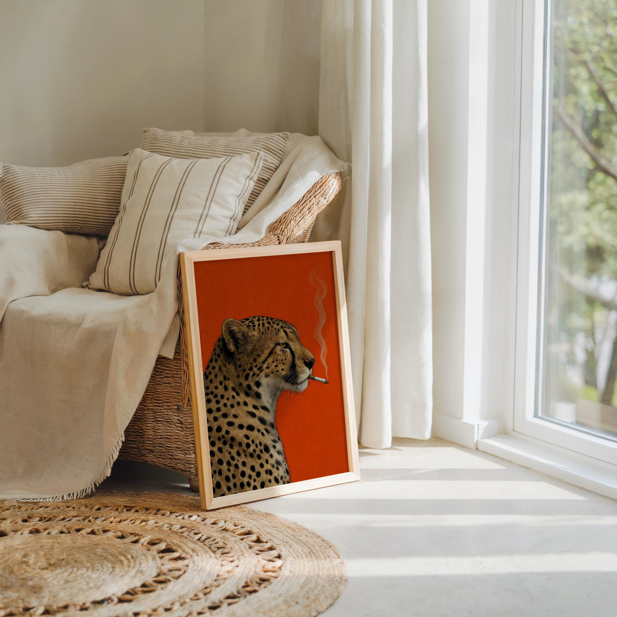 Cheetah Smoking Cigarette Print, Moody Leopard Poster, Vintage Big Cat Wall Art, Red Maximalist Decor, Cool Animal Bar Cart Gift