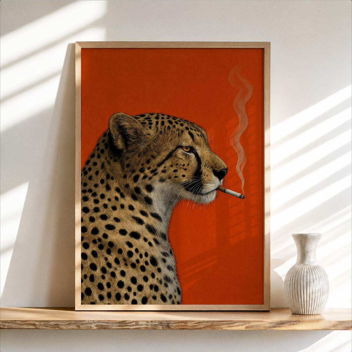 Cheetah Smoking Cigarette Print, Moody Leopard Poster, Vintage Big Cat Wall Art, Red Maximalist Decor, Cool Animal Bar Cart Gift
