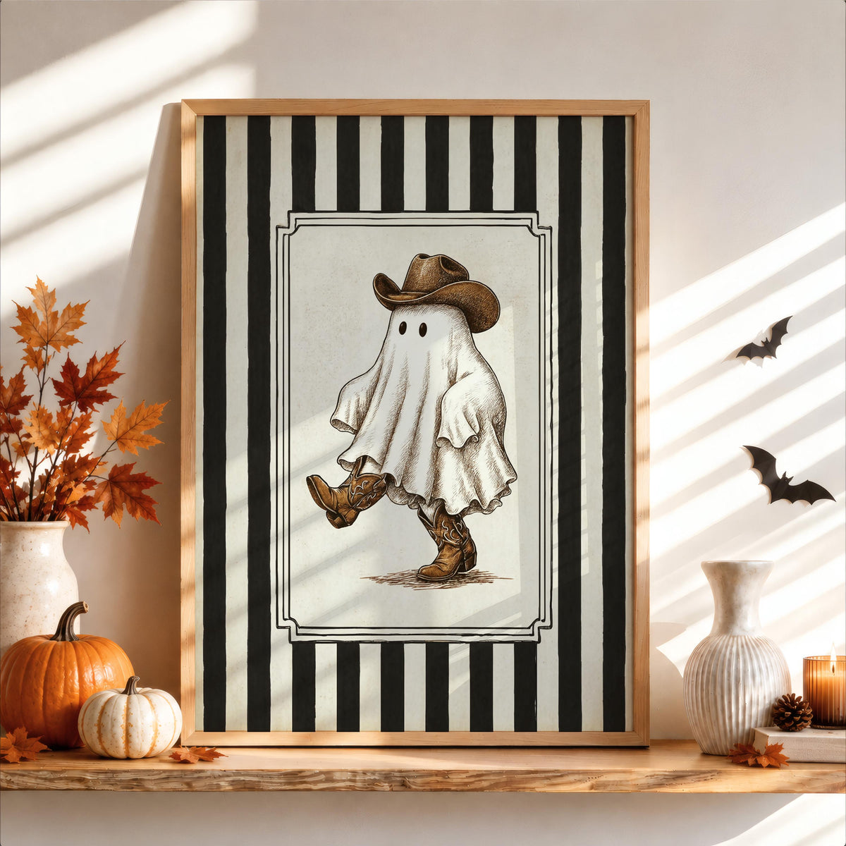 Halloween Cowboy Ghost Print, Western Spooky Wall Decor, Striped Retro Art, Vintage Americana Decoration, Cute Ghost Illustration