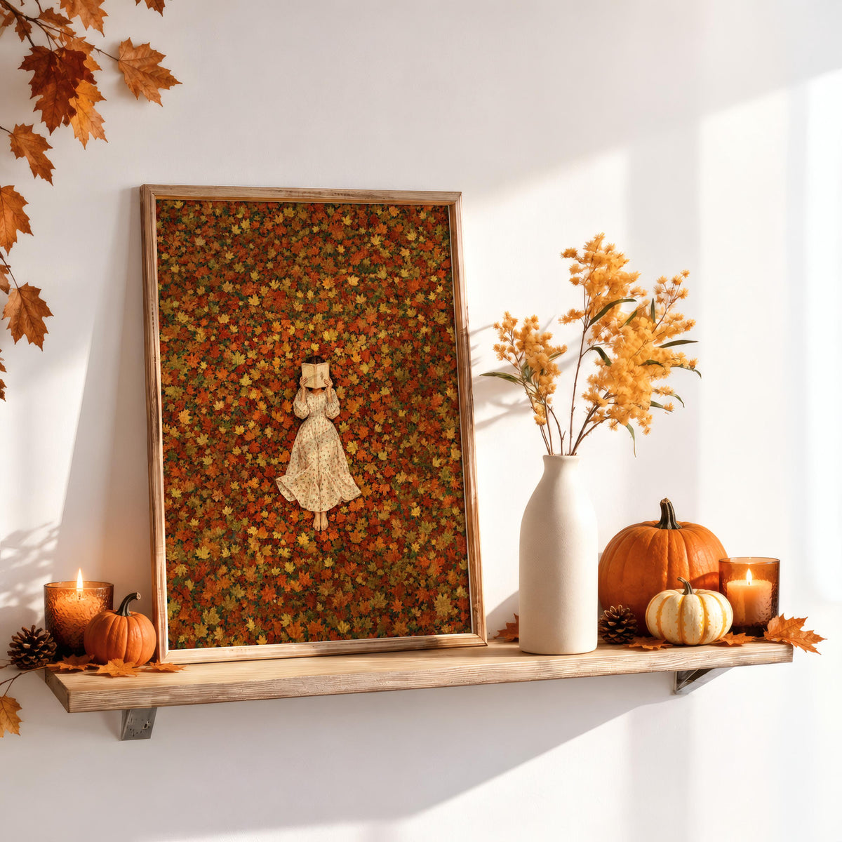 Autumn Woman Reading Print, Vintage Girl in Fall Leaves Wall Art, Cozy Cottage Decor, Romantic Bookish Literary Gift, Book Lover Poster