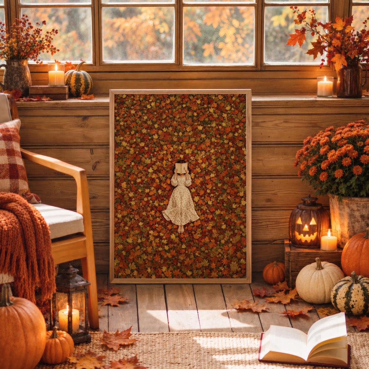 Autumn Woman Reading Print, Vintage Girl in Fall Leaves Wall Art, Cozy Cottage Decor, Romantic Bookish Literary Gift, Book Lover Poster