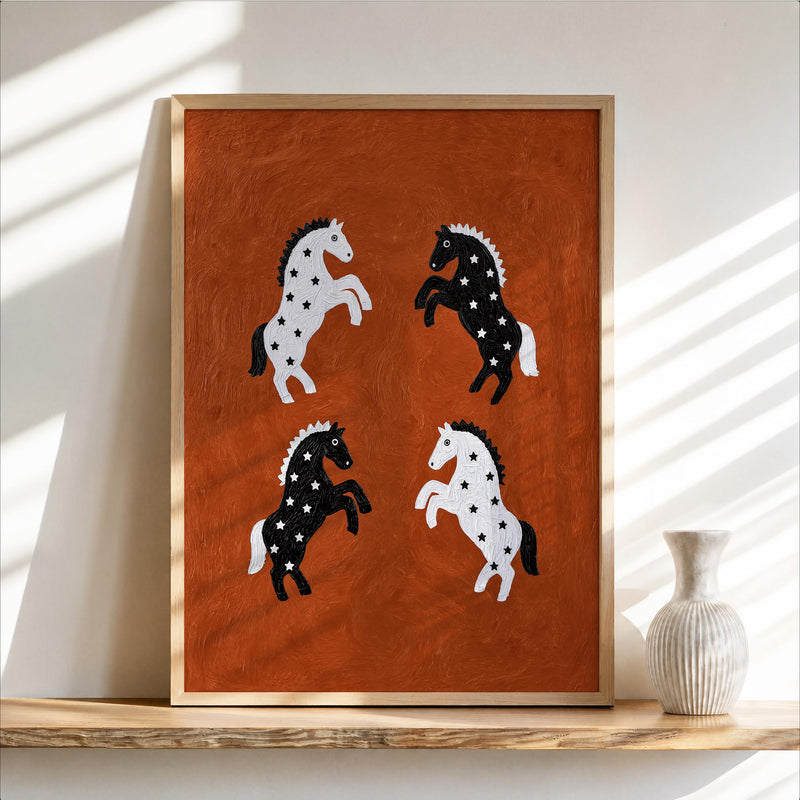 Abstract Starry Horses Rearing Print, Bold Western Folk Art, Rustic Ranch Style Decor, Minimal Textured Canvas, Cowgirl Poster