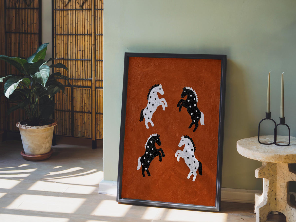 Abstract Starry Horses Rearing Print, Bold Western Folk Art, Rustic Ranch Style Decor, Minimal Textured Canvas, Cowgirl Poster