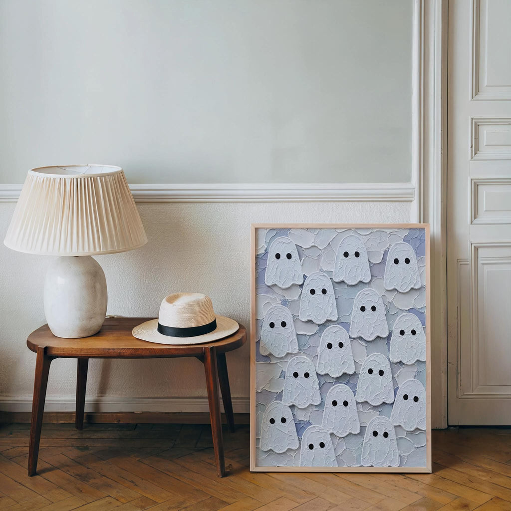 Ghost Congregation Wall Art, Pastel Folk Impasto Painting, Cute Goth Halloween Decor, Textured Spooky Season Print, Fall Autumn Poster