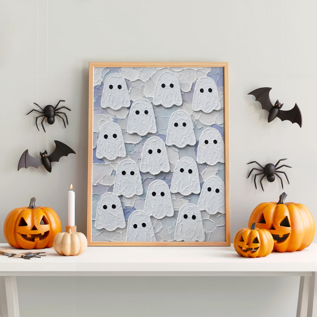 Ghost Congregation Wall Art, Pastel Folk Impasto Painting, Cute Goth Halloween Decor, Textured Spooky Season Print, Fall Autumn Poster