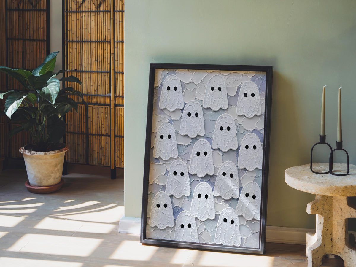 Ghost Congregation Wall Art, Pastel Folk Impasto Painting, Cute Goth Halloween Decor, Textured Spooky Season Print, Fall Autumn Poster