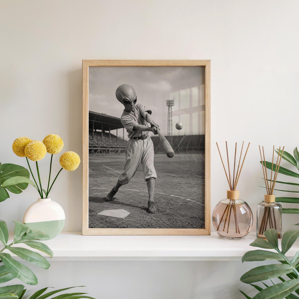 Alien Baseball Wall Art, Surreal Vintage Sports Photography, Funny Space Print, Kids Boys Baseball Gift