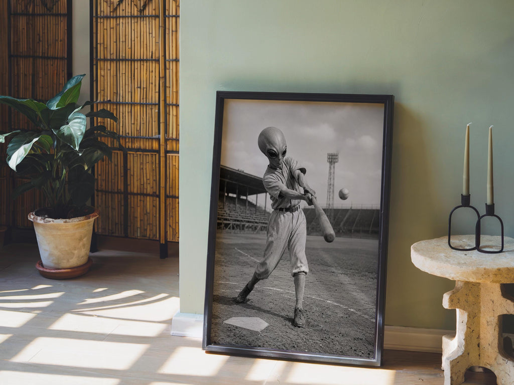 Alien Baseball Wall Art, Surreal Vintage Sports Photography, Funny Space Print, Kids Boys Baseball Gift