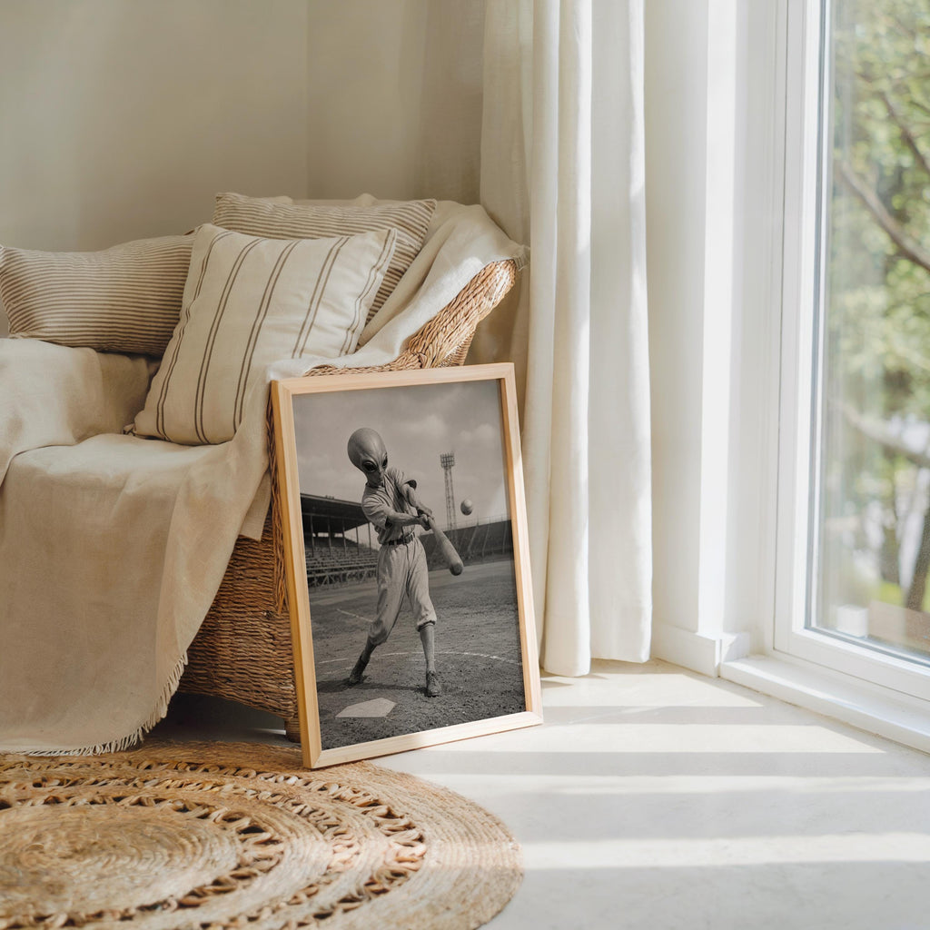 Alien Baseball Wall Art, Surreal Vintage Sports Photography, Funny Space Print, Kids Boys Baseball Gift