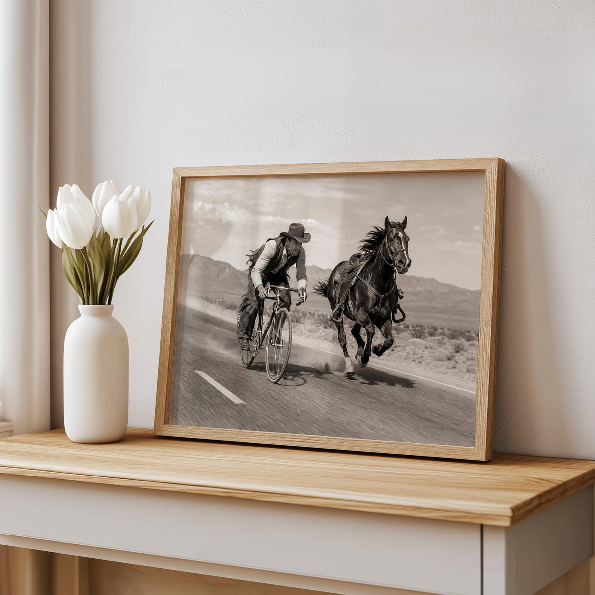 Cowboy VS Horse Bicycle Race Print, Surreal Western Wall Art, Vintage Desert Photo, Funny Equestrian & Cyclist Decor, Quirky Ranch Gift