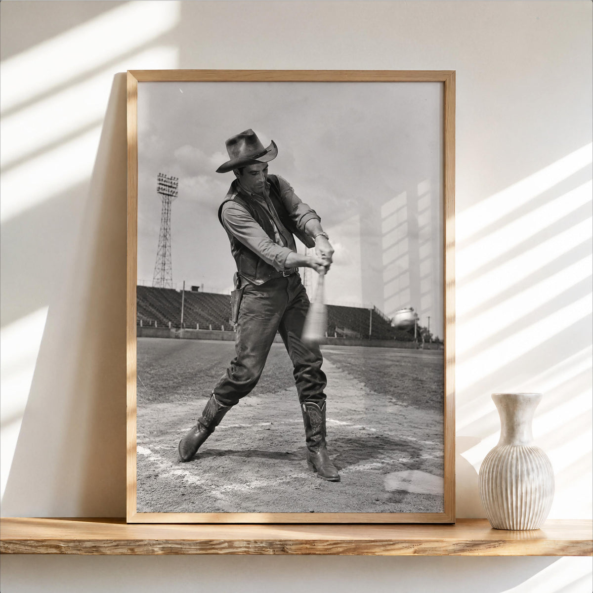 Cowboy Baseball Print, Funny Vintage Sports Photography, Western Wall Art, Whimsical Ranch Gift, Surreal Americana Poster