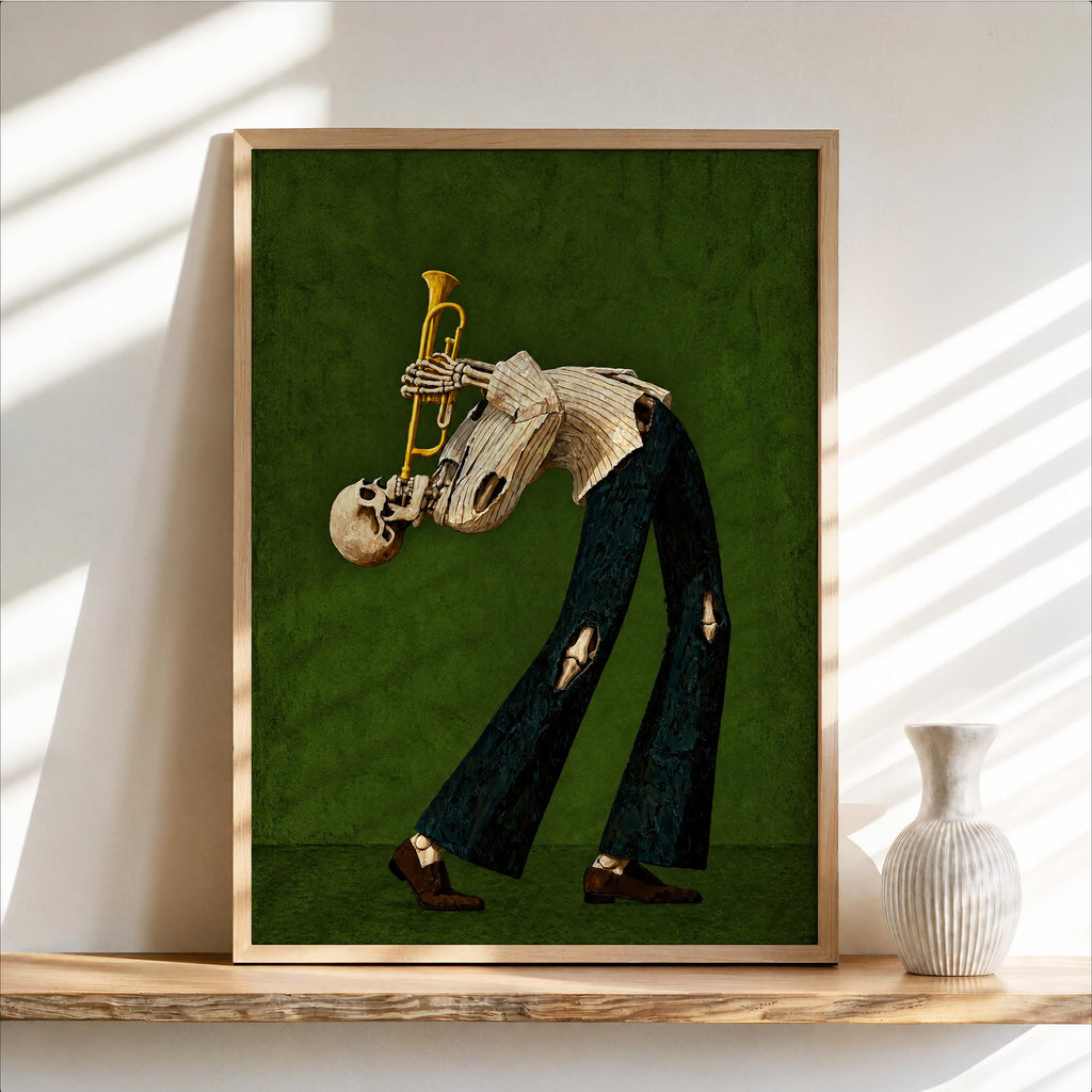 Skeleton Trumpet Player Wall Art, Halloween Jazz Musician Painting, Gothic Dark Academia Music Print, Spooky Season Band Gift